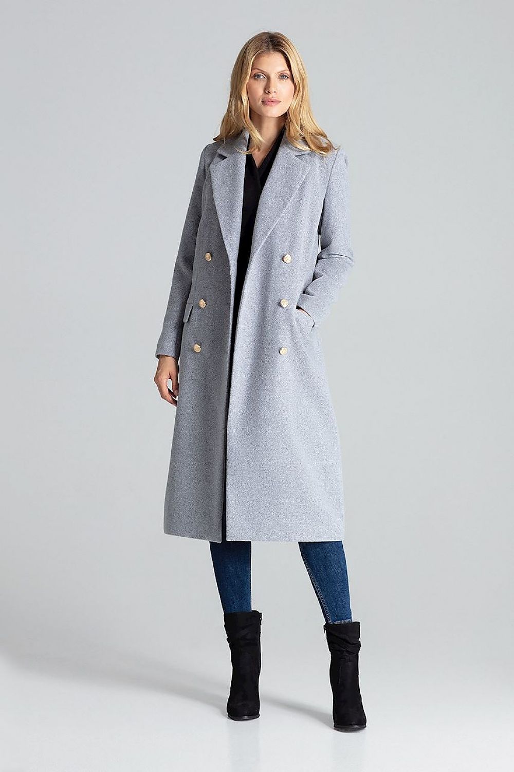 Vernadell Gray Double-Breasted Classic Coat with gold buttons, tailored collar, and patch pockets, ideal for formal and casual wear.