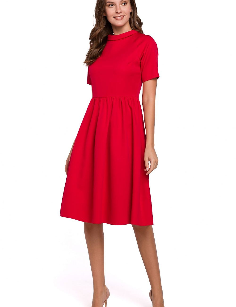 Woman wearing Marseille Ruffle-Collar Daydress with fluttering sleeves and flared skirt, perfect for daytime occasions.
