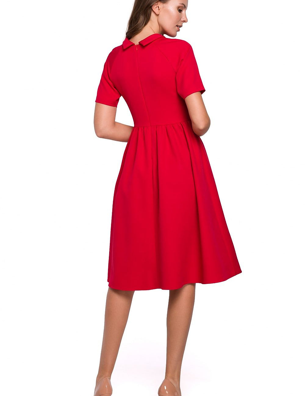 Back view of woman wearing Marseille Ruffle-Collar Daydress in red with flared skirt, showcasing elegant design and concealed zipper.