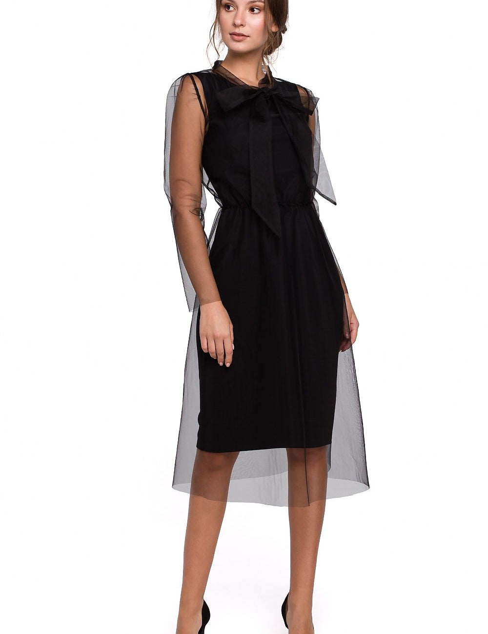 Ferelith Tulle Collar Midi Dress with tulle overlay and elegant waist tie, ideal for chic events and modern vintage style.