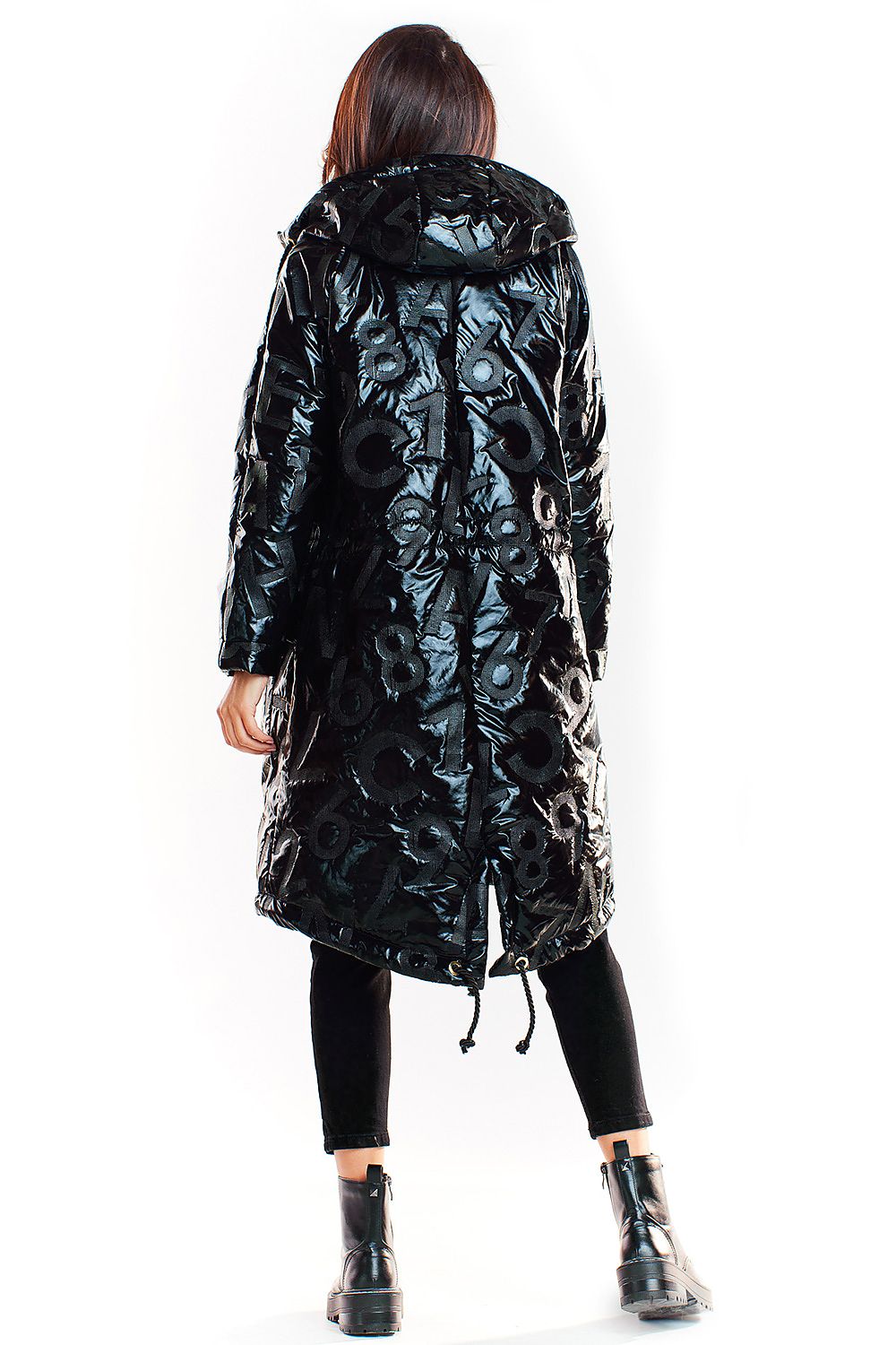 Back view of Morvanna oversized glossy black insulated coat with unique texture and hoop detail, perfect for urban fashion layering.