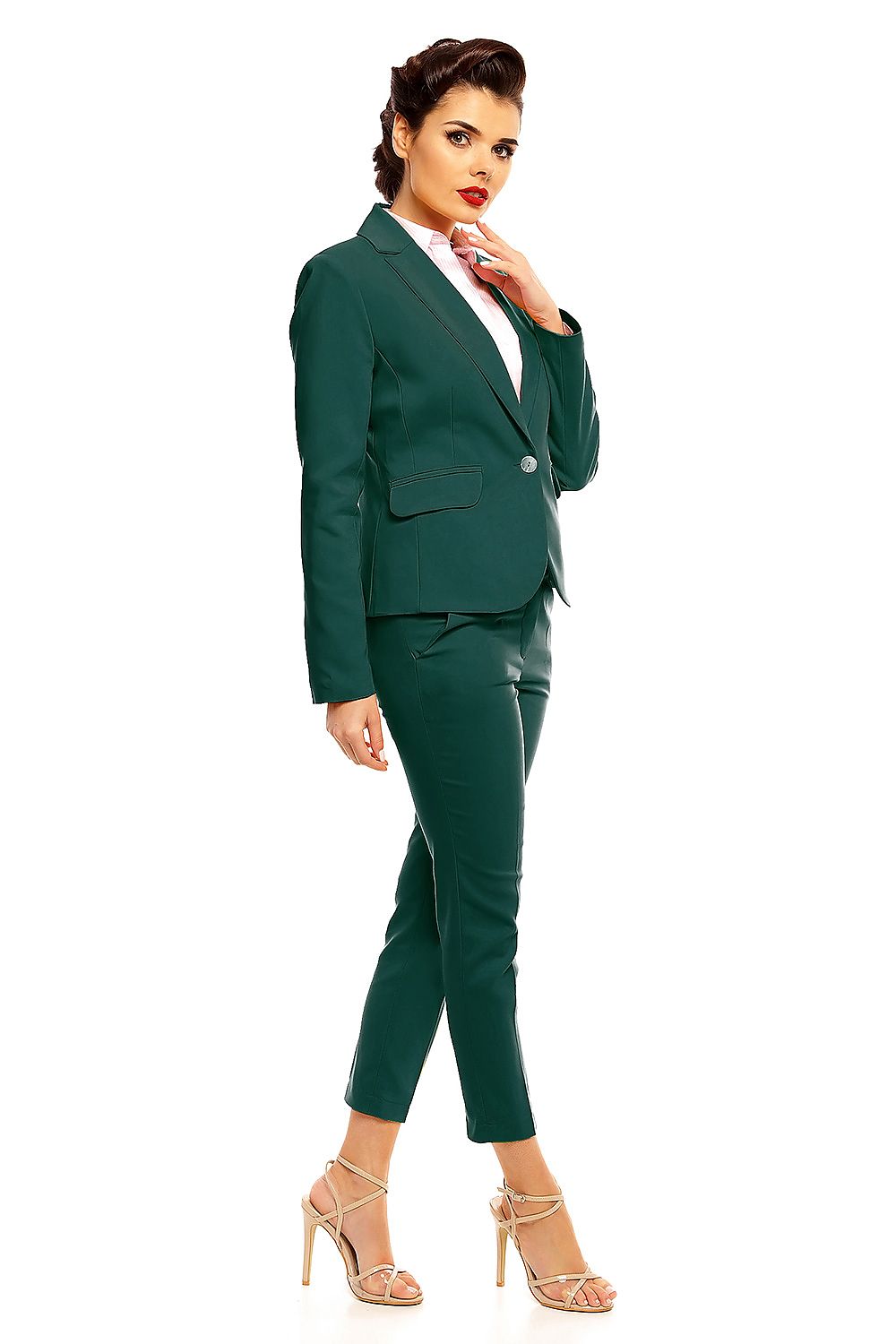 Plus Size Arvenelle Single-Button Jacket with pointed collar and decorative patches, shown in green, perfect for transitional seasons.