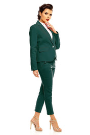 Plus Size Arvenelle Single-Button Jacket with pointed collar and decorative patches, shown in green, perfect for transitional seasons.
