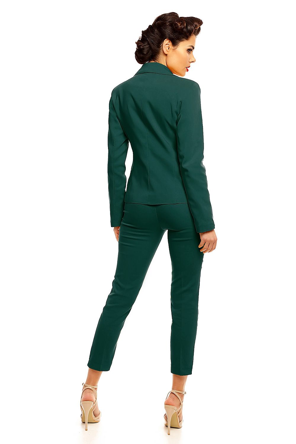 Back view of Plus Size Arvenelle Single-Button Jacket in elegant green, featuring decorative pocket flap patches, ideal for transitional seasons.