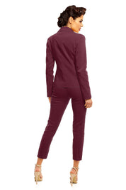 Back view of woman wearing plus size Arvenelle single-button jacket, burgundy, with pointed collar and decorative pocket flaps.