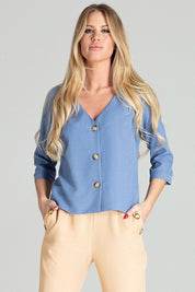 Model wearing Ermeya Buttoned Blue Blouse with three-quarter sleeves and a flattering cropped cut, ideal for casual or office wear.