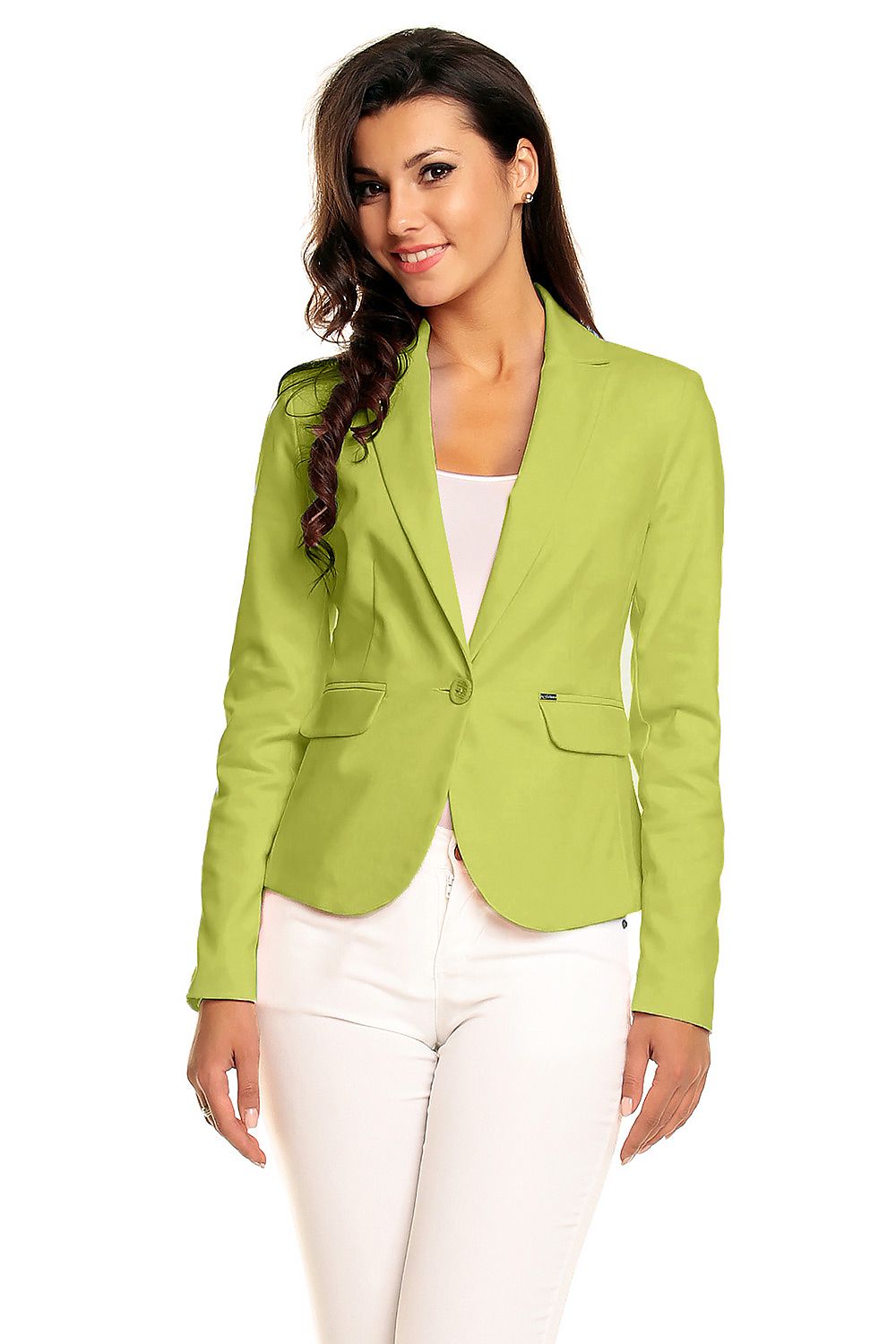Plus Size Arvenelle Single-Button Jacket in lime green, featuring a deep pointed collar and decorative pocket flaps for elegant styling.