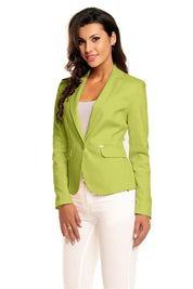 Woman wearing plus size Arvenelle single-button jacket in green, featuring a pointed collar and decorative pocket flaps.