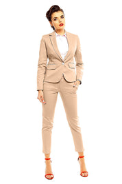 Woman wearing Plus Size Marvielle High-Waist 7/8 Trousers with a beige blazer. Ideal for office or casual outings.