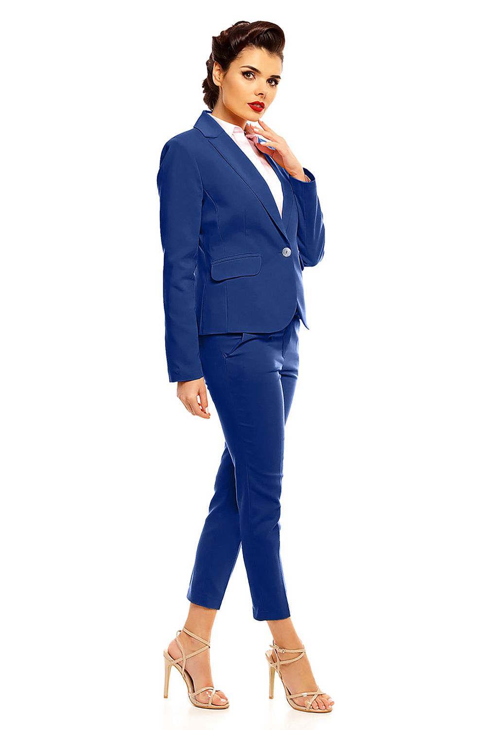Elegant woman in blue suit showcasing Plus Size Marvielle High-Waist 7/8 Trousers, perfect for office and formal occasions.