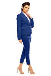 Elegant woman in blue suit showcasing Plus Size Marvielle High-Waist 7/8 Trousers, perfect for office and formal occasions.