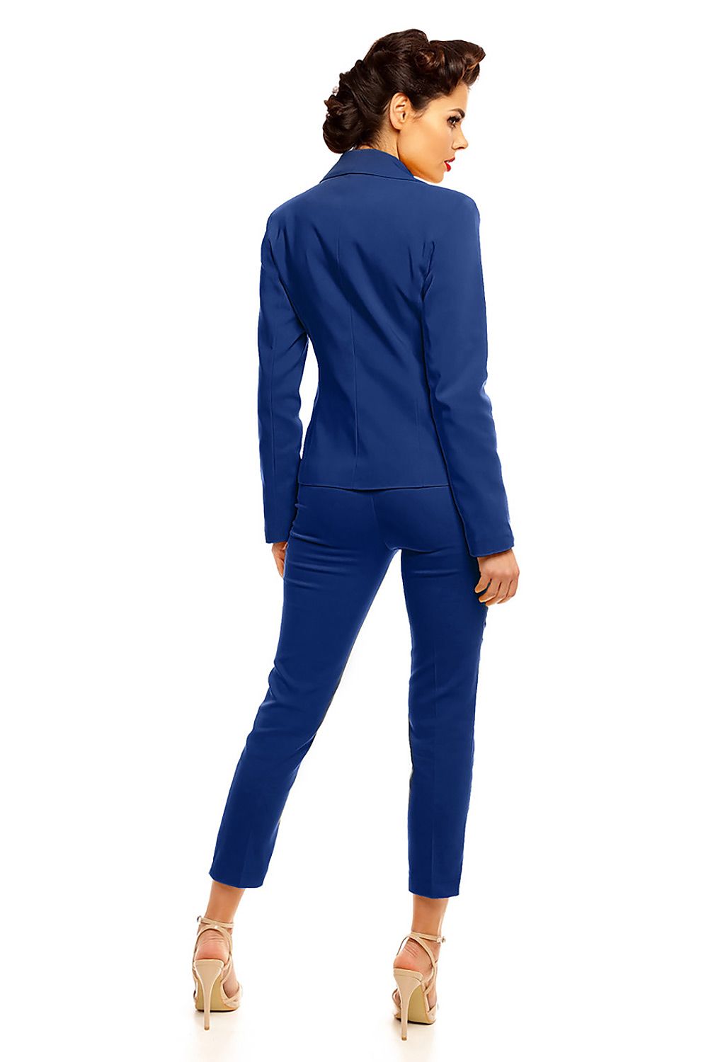 Back view of a model wearing Plus Size Marvielle High-Waist 7/8 Trousers in blue, showcasing the tailored fit and 7/8 length design.