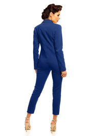 Back view of a model wearing Plus Size Marvielle High-Waist 7/8 Trousers in blue, showcasing the tailored fit and 7/8 length design.