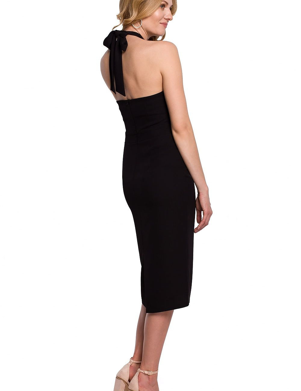 Back view of Eline Strappy Neck Cocktail Dress highlighting elegant cross-tie straps and form-fitting silhouette, ideal for formal events.