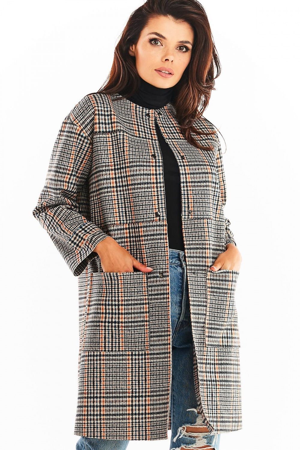 Woman wearing Calverisse Checked Straight-Cut Coat in navy blue and brown, featuring a modern collarless design with practical pockets.