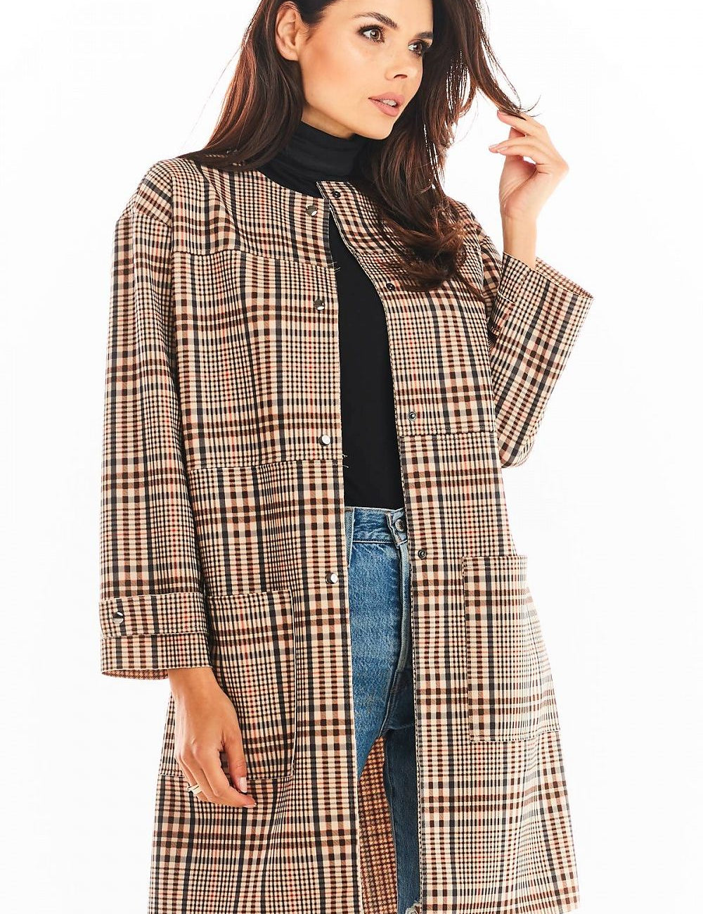 Woman wearing Calverisse Checked Straight-Cut Coat in brown, no collar, long sleeves, perfect for business or casual wear.