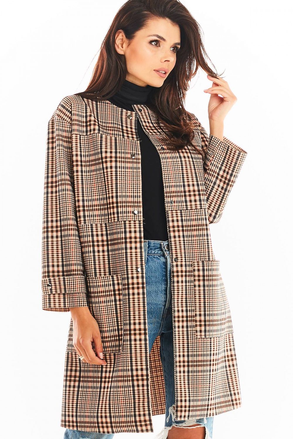 Woman wearing Calverisse Checked Straight-Cut Coat in brown, no collar, long sleeves, perfect for business or casual wear.