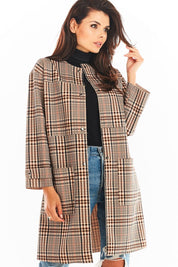 Woman wearing Calverisse Checked Straight-Cut Coat in brown, no collar, long sleeves, perfect for business or casual wear.