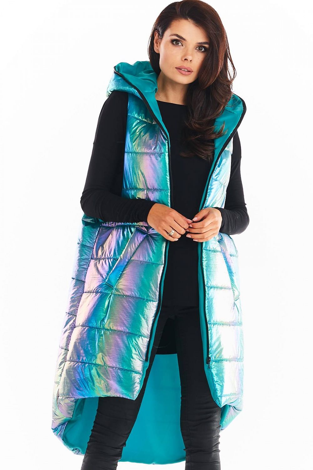 Woman wearing Lumarelle Holographic Hooded Gilet Vest in blue, showcasing extended back and large hood, perfect for autumn style.