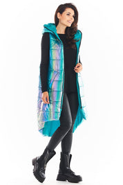 Lumarelle Holographic Hooded Gilet Vest in blue, featuring a shimmering finish, large hood, and spacious front pockets for autumn style.