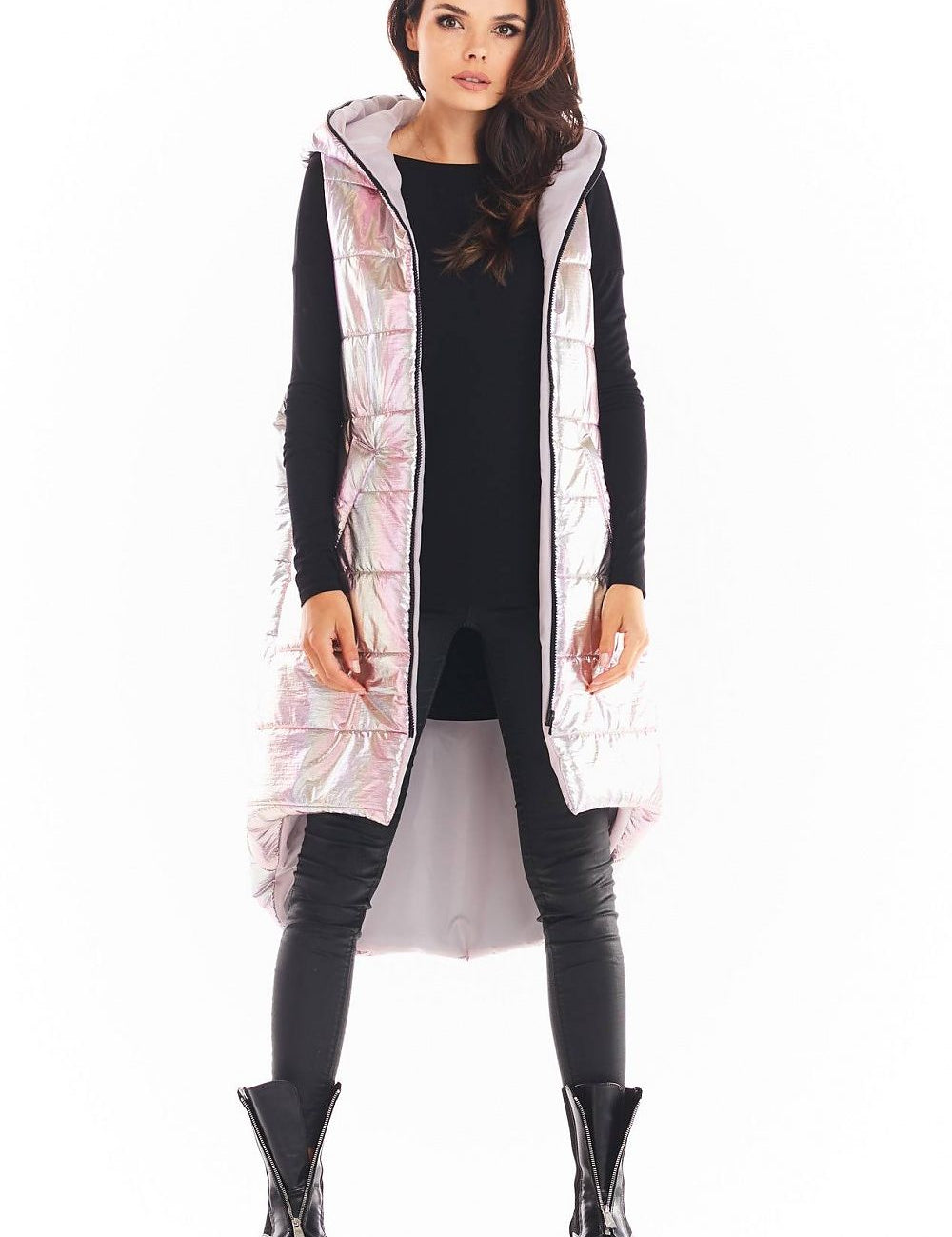Lumarelle holographic hooded gilet vest, extended back, lined, in shimmering shades, worn by model, offers warmth and style.