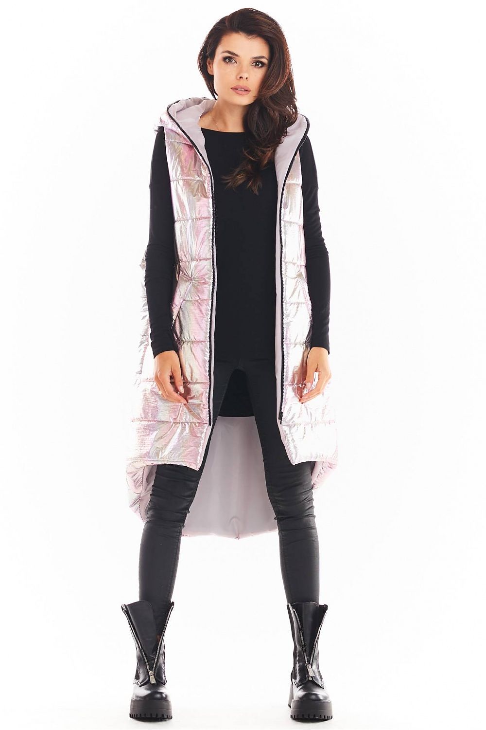 Lumarelle holographic hooded gilet vest, extended back, lined, in shimmering shades, worn by model, offers warmth and style.