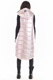 Back view of Lumarelle Holographic Hooded Gilet Vest with shimmering finish and large hood, worn by model, highlighting dynamic silhouette.
