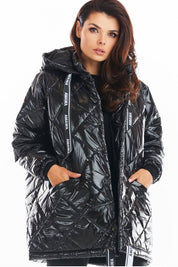 Amawa Oversized Quilted Hooded Jacket with snap fastening and logo tape, showcasing modern style and comfort.