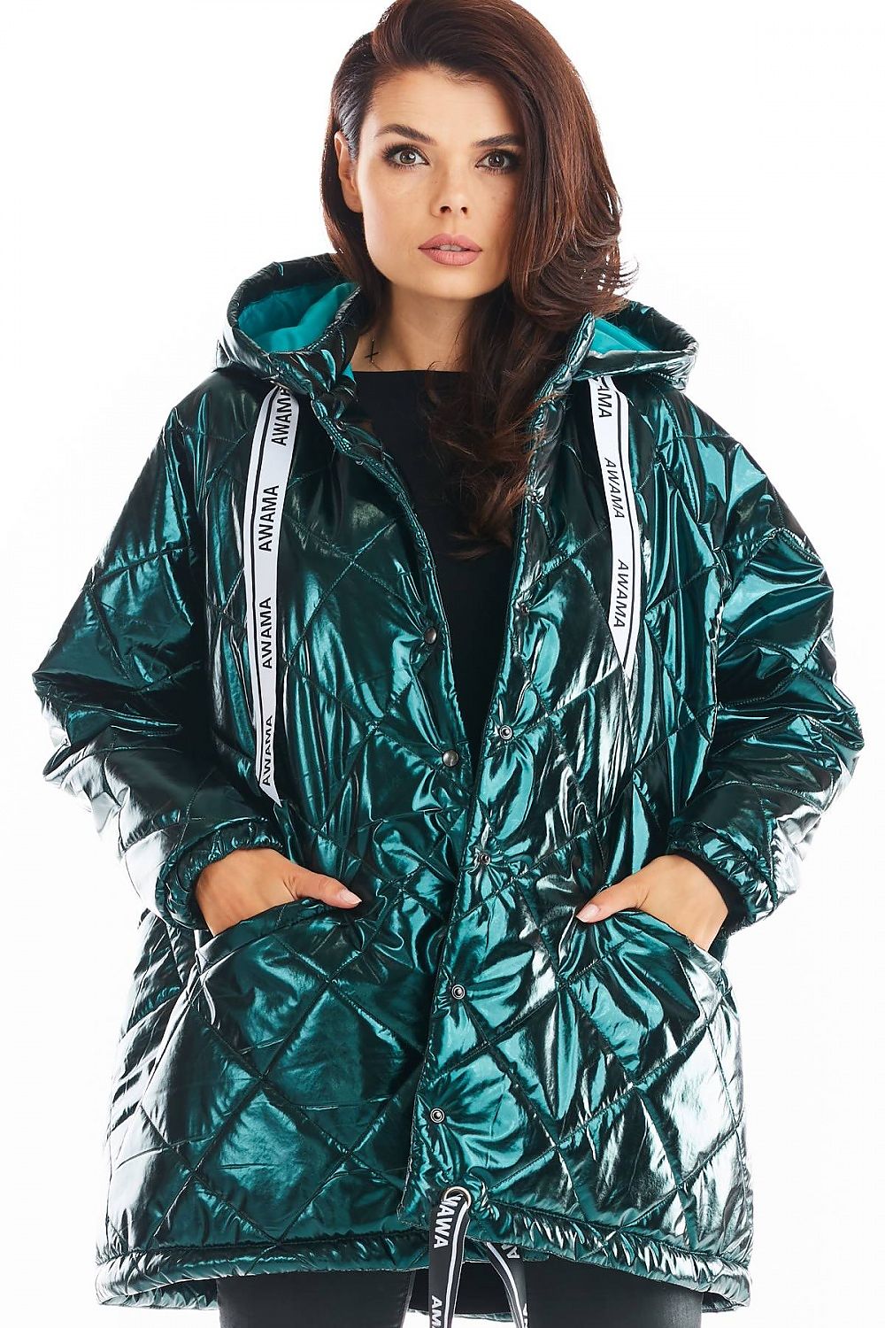 Amawa oversized quilted hooded jacket with decorative logo tape, featuring front pockets and snap fastening, worn by a model.