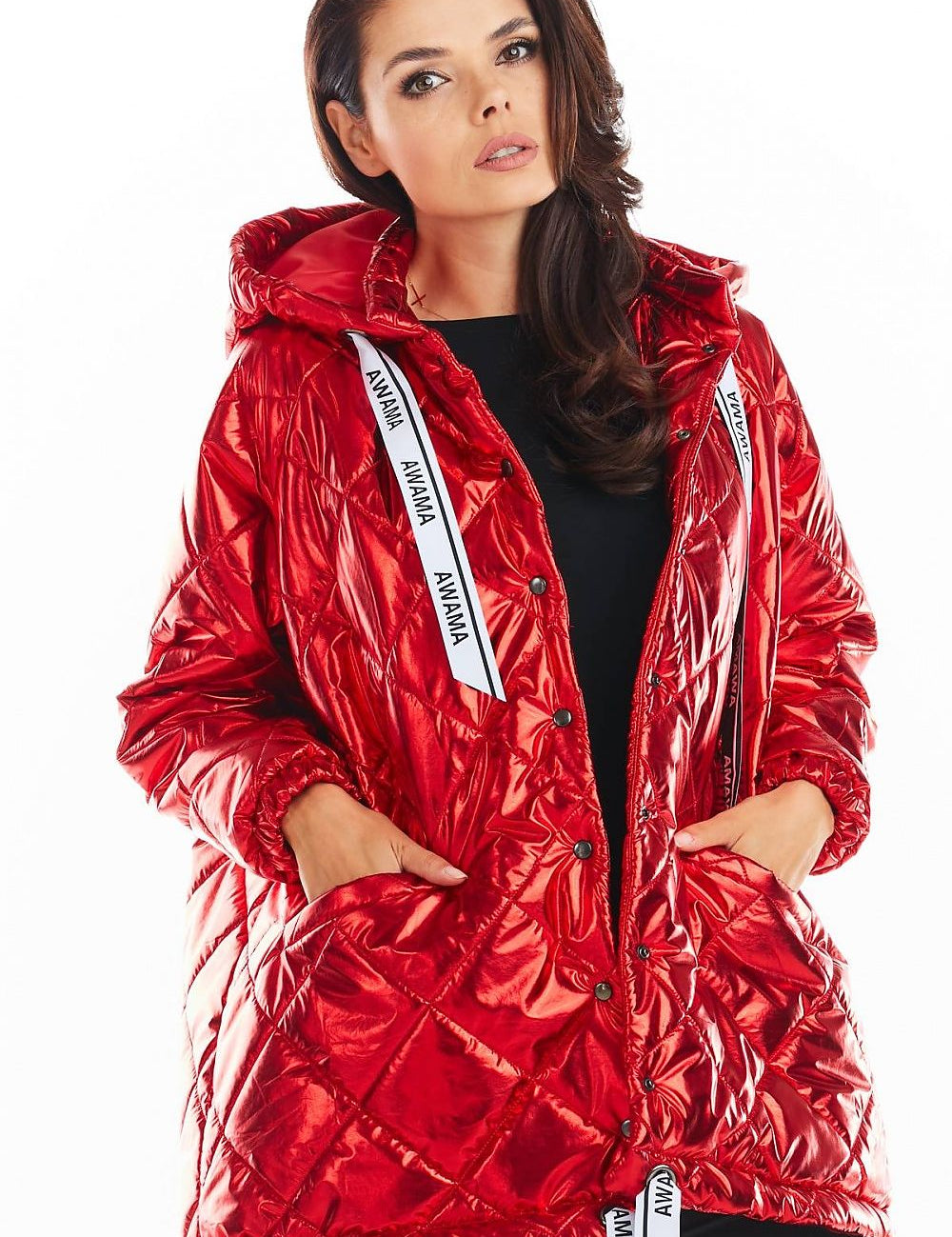 Amawa Oversized Quilted Hooded Jacket in red with logo tape, front pockets, and snap fastening, showcasing casual comfort and modern style.