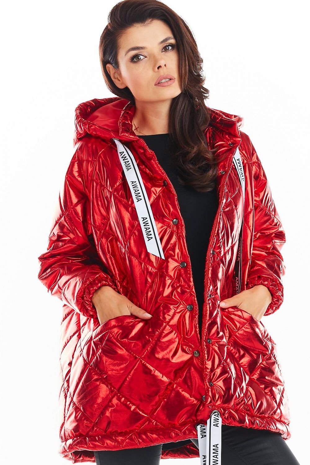 Amawa Oversized Quilted Hooded Jacket in red with logo tape, front pockets, and snap fastening, showcasing casual comfort and modern style.