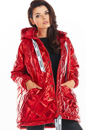 Amawa Oversized Quilted Hooded Jacket in red with logo tape, front pockets, and snap fastening, showcasing casual comfort and modern style.