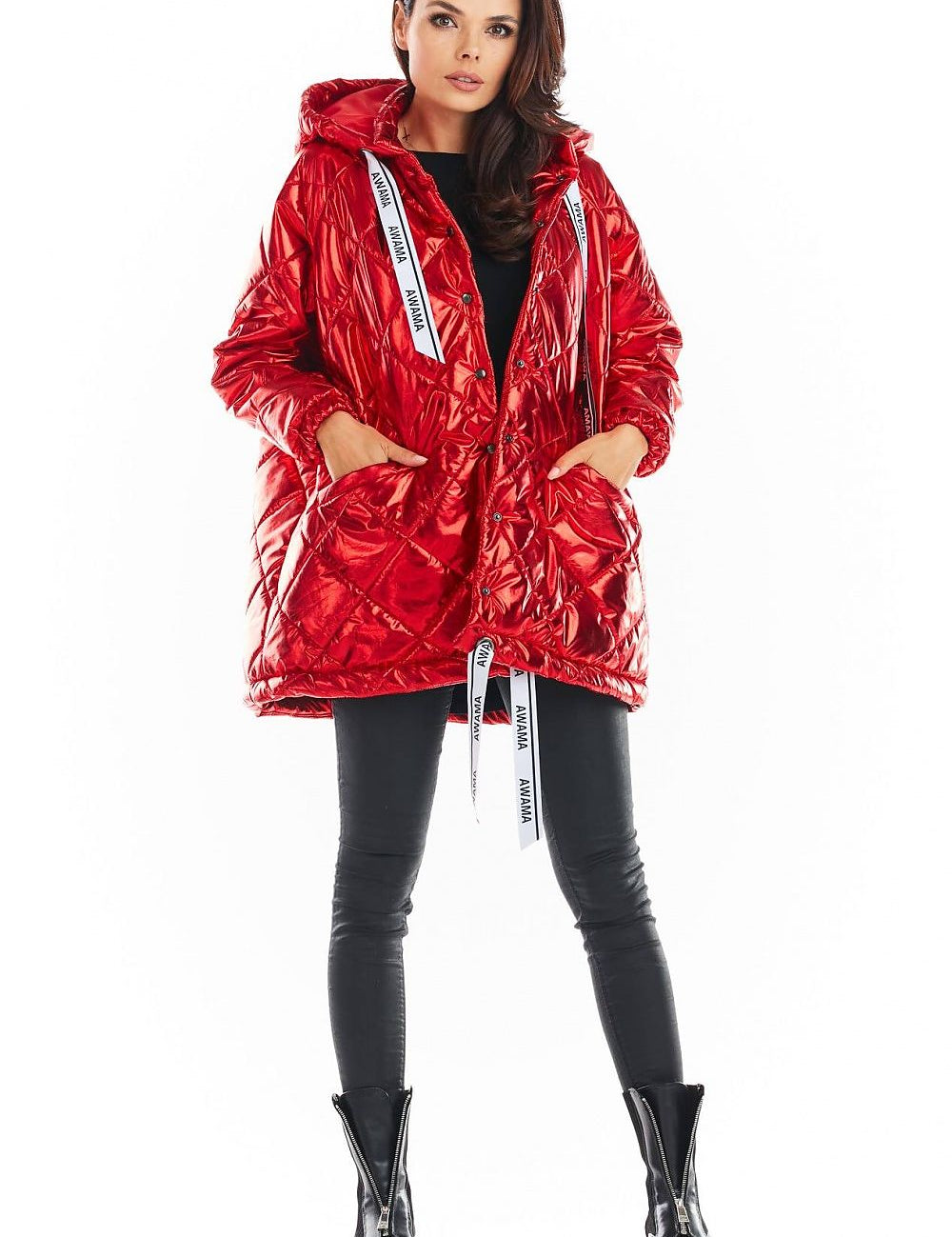 Red Amawa Oversized Quilted Hooded Jacket with logo tape, snap fastening, and front pockets, blending comfort and modern style.