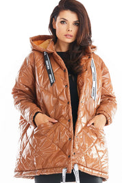 Amawa oversized quilted hooded jacket with front pockets and logo tape, featuring a large hood and snap fastening, perfect for casual comfort.