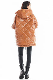 Back view of Amawa Oversized Quilted Hooded Jacket in brown, featuring a large hood, decorative logo tape, and stylish quilting.