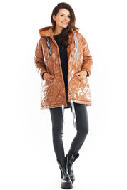 Amawa oversized quilted hooded jacket with snap fastening, large hood, and adjustable logo tape in a brown finish.