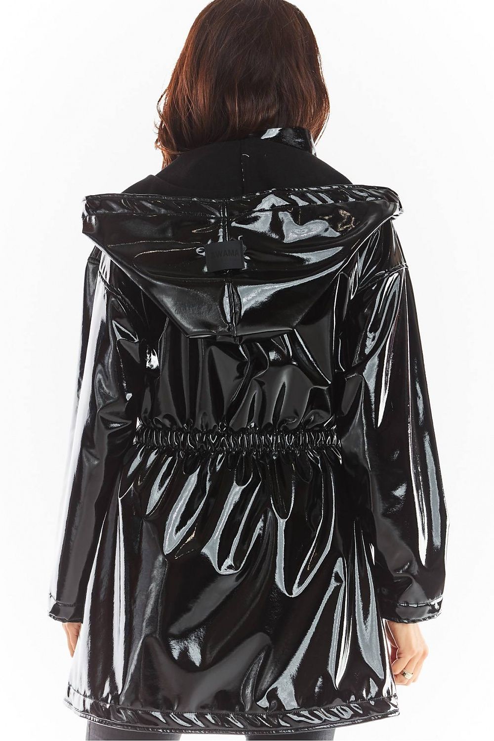 Back view of black Orlavenne knee-length vinyl hooded coat with adjustable drawstring waist, showing shiny material and button details.
