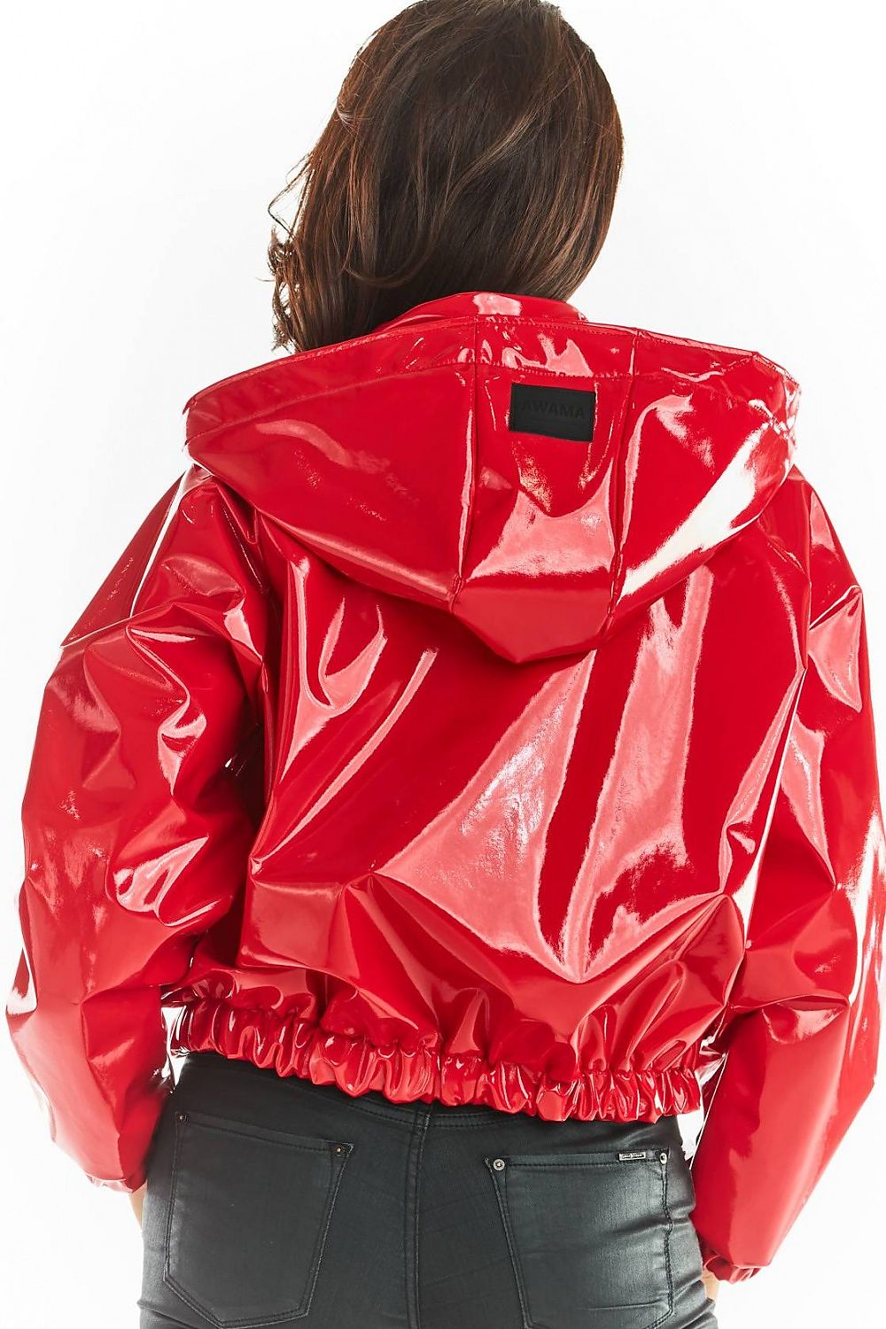 Back view of a red Nerivelle Short Vinyl Hooded Jacket with glossy finish and elastic waist, perfect for street style or rainwear.