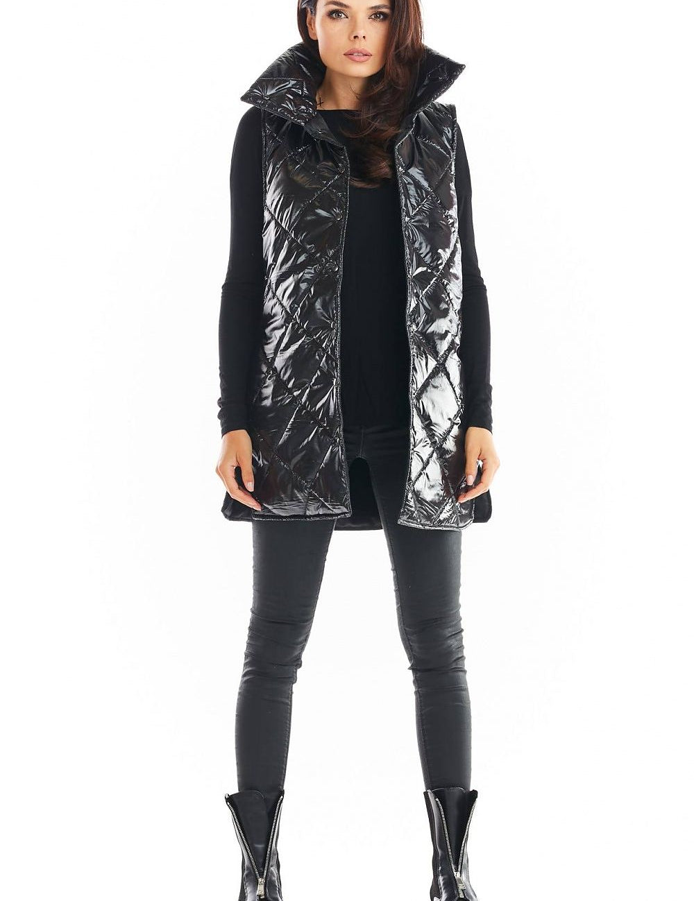 Clarewyn Quilted High-Collar Gilet Vest in black, featuring a tall structured collar, modeled over a casual outfit for versatile styling.