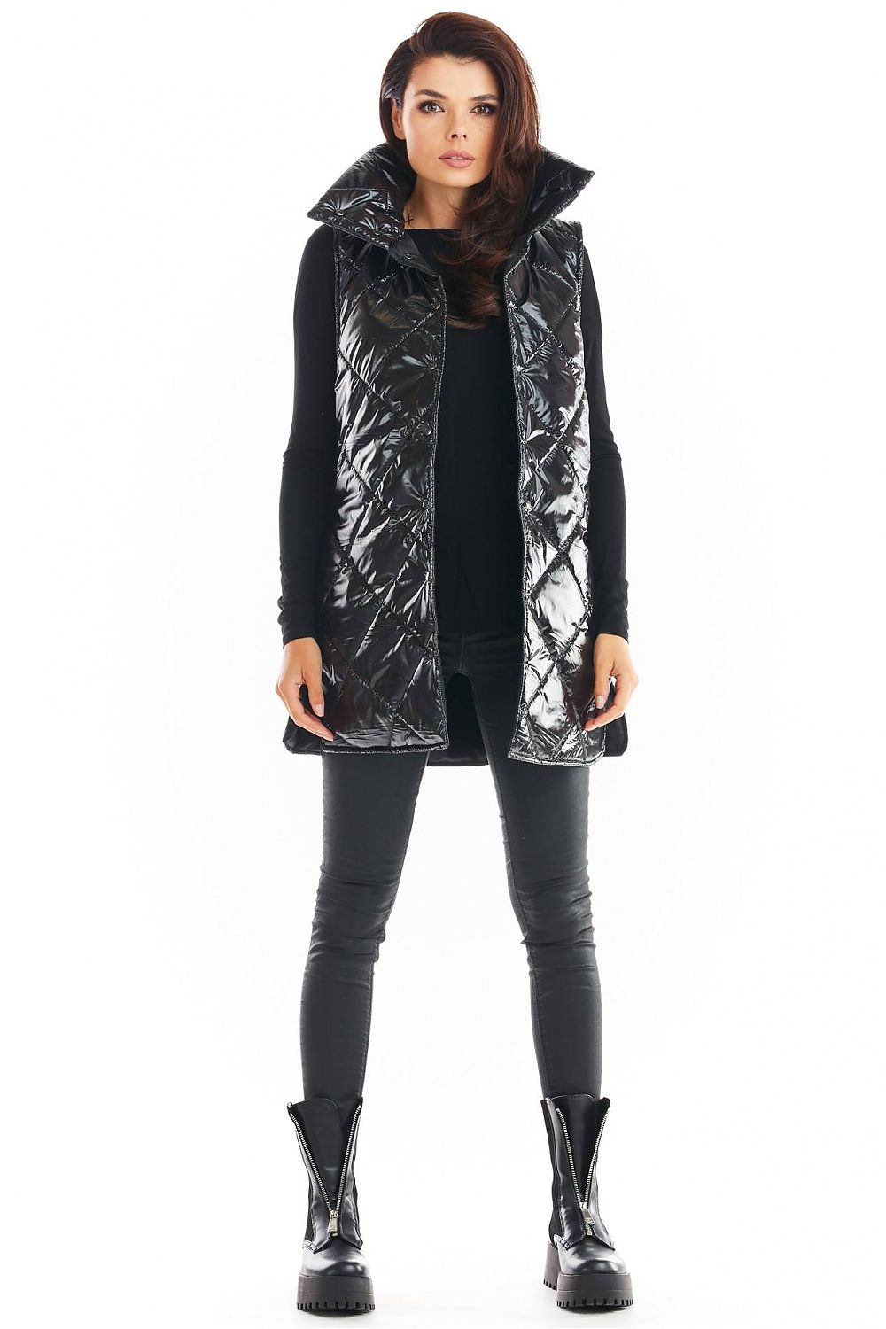 Clarewyn Quilted High-Collar Gilet Vest in black, featuring a tall structured collar, modeled over a casual outfit for versatile styling.