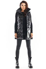 Clarewyn Quilted High-Collar Gilet Vest in black, featuring a tall structured collar, modeled over a casual outfit for versatile styling.