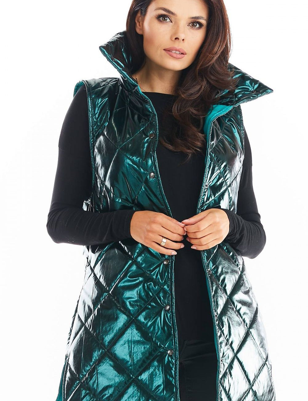 Clarewyn Quilted High-Collar Gilet Vest in teal, featuring a button closure and structured collar, perfect for autumn layering style.