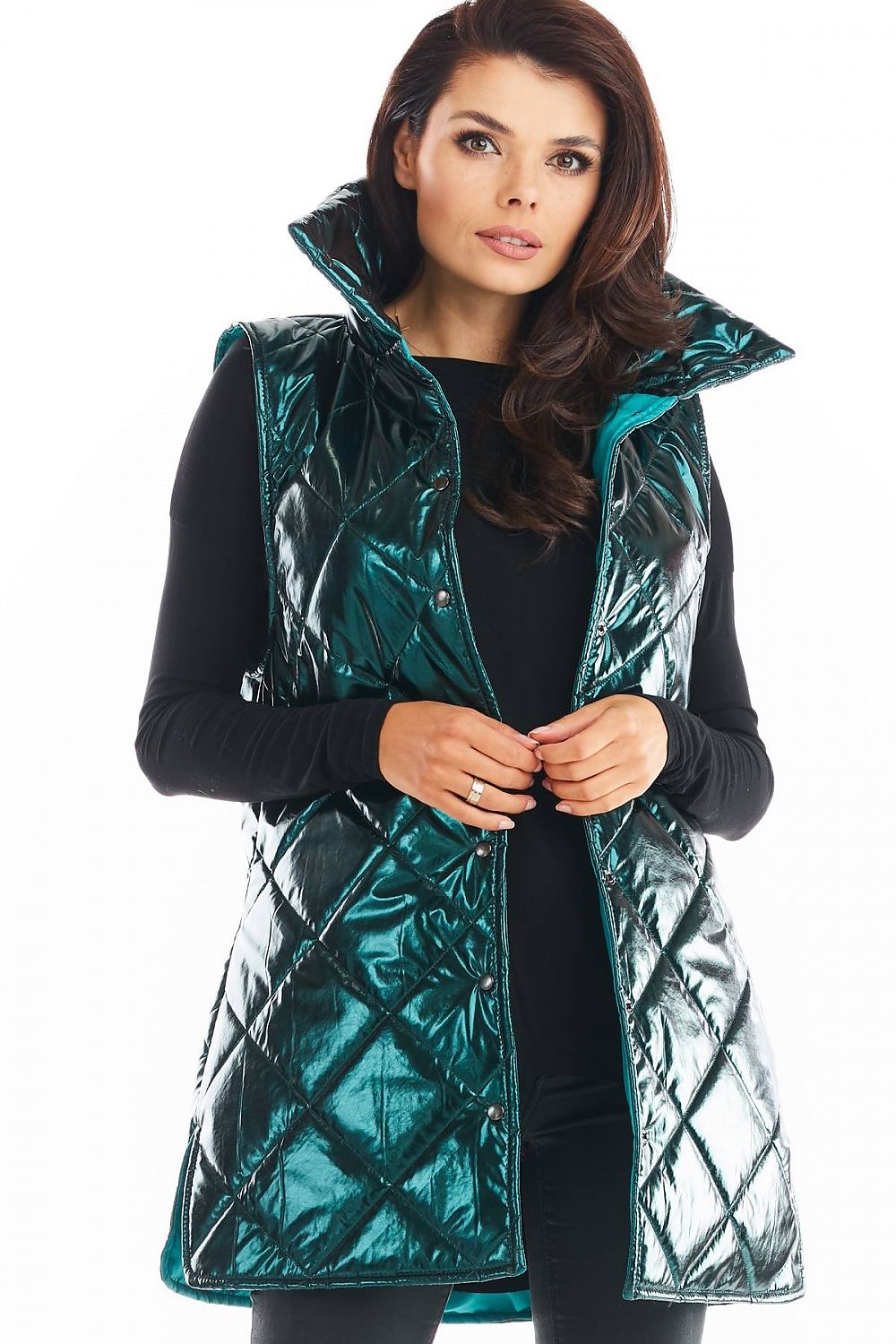 Clarewyn Quilted High-Collar Gilet Vest in teal, featuring a button closure and structured collar, perfect for autumn layering style.