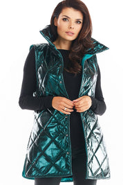 Clarewyn Quilted High-Collar Gilet Vest in teal, featuring a button closure and structured collar, perfect for autumn layering style.