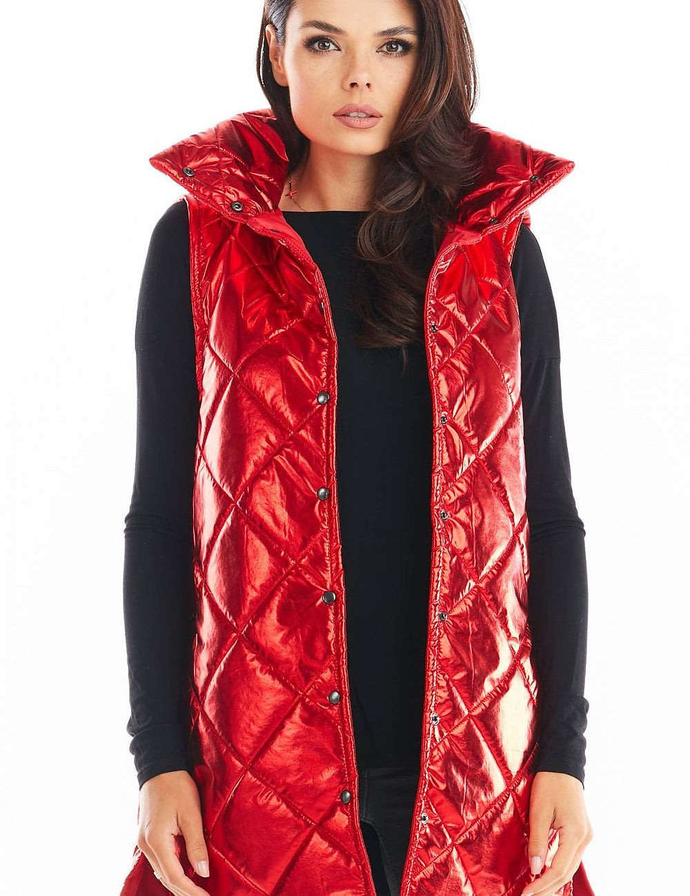 Woman wearing a red Clarewyn Quilted High-Collar Gilet Vest, featuring a tall structured collar. Ideal for layering in cooler months.