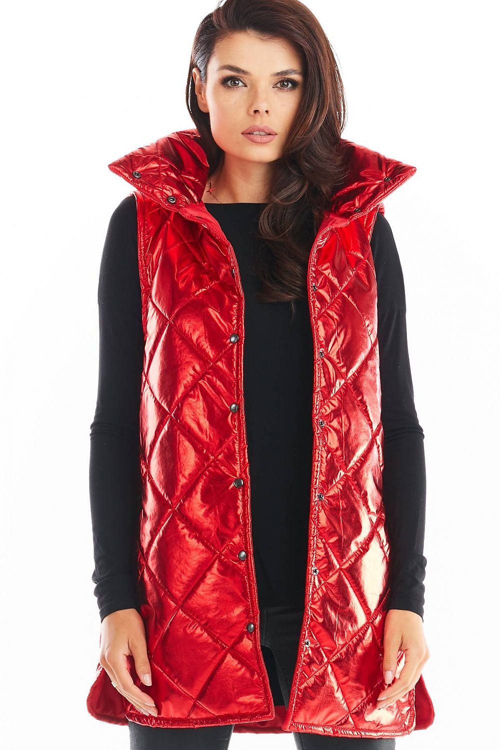 Woman wearing a red Clarewyn Quilted High-Collar Gilet Vest, featuring a tall structured collar. Ideal for layering in cooler months.
