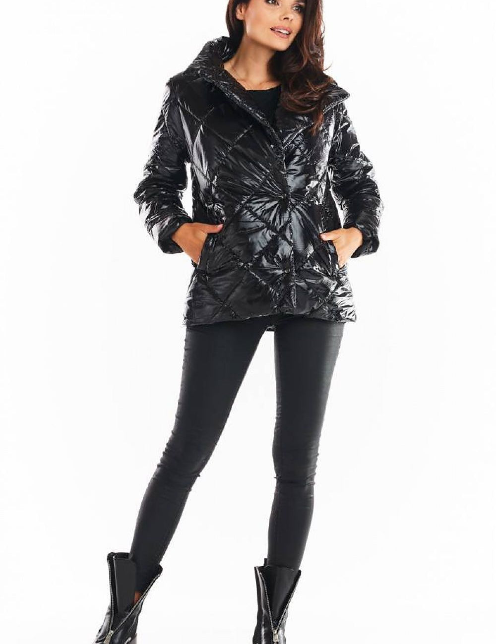 Zavielle Quilted Jacket with Stand Collar in black, featuring front buttons and pockets, shown on a model with a chic winter look.