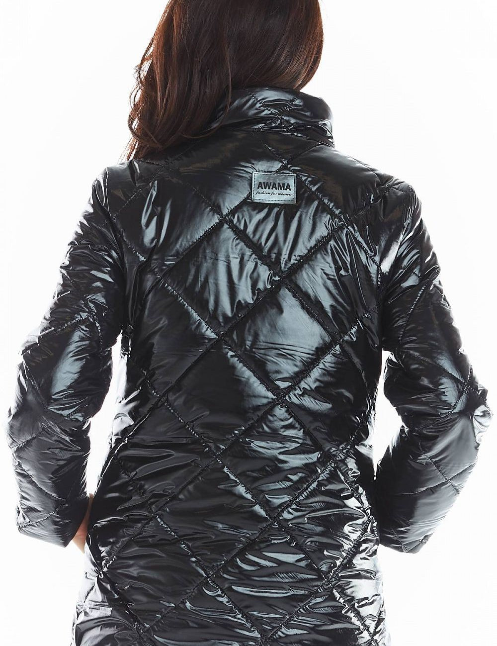 Back view of black Zavielle Quilted Jacket with stand collar, showcasing its glossy finish and diamond pattern stitching.