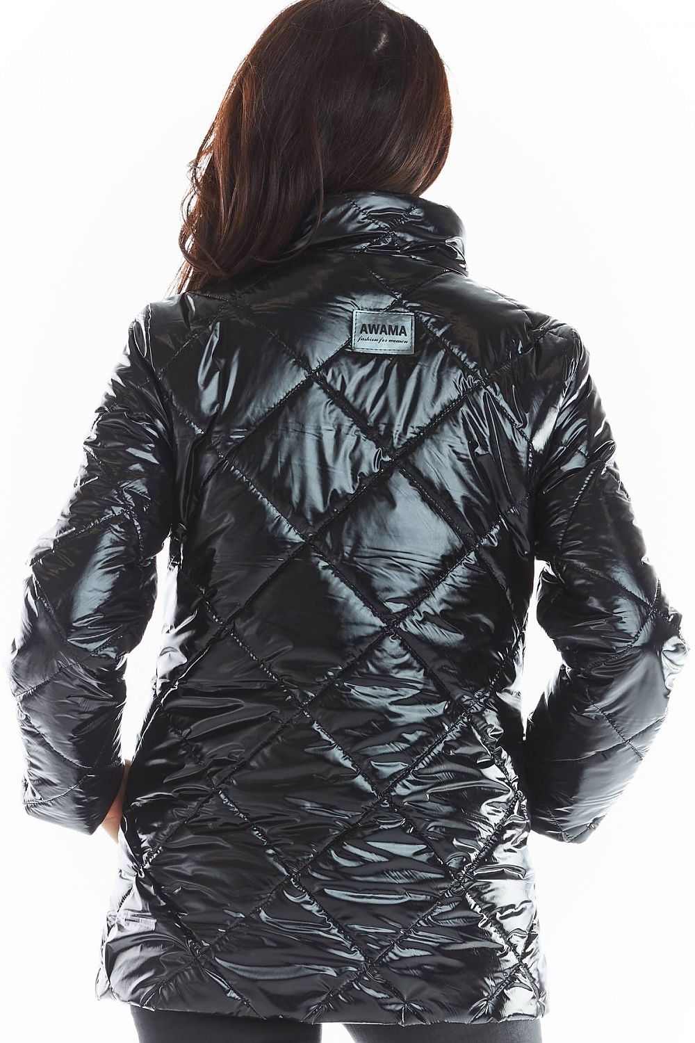 Back view of black Zavielle Quilted Jacket with stand collar, showcasing its glossy finish and diamond pattern stitching.