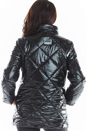 Back view of black Zavielle Quilted Jacket with stand collar, showcasing its glossy finish and diamond pattern stitching.
